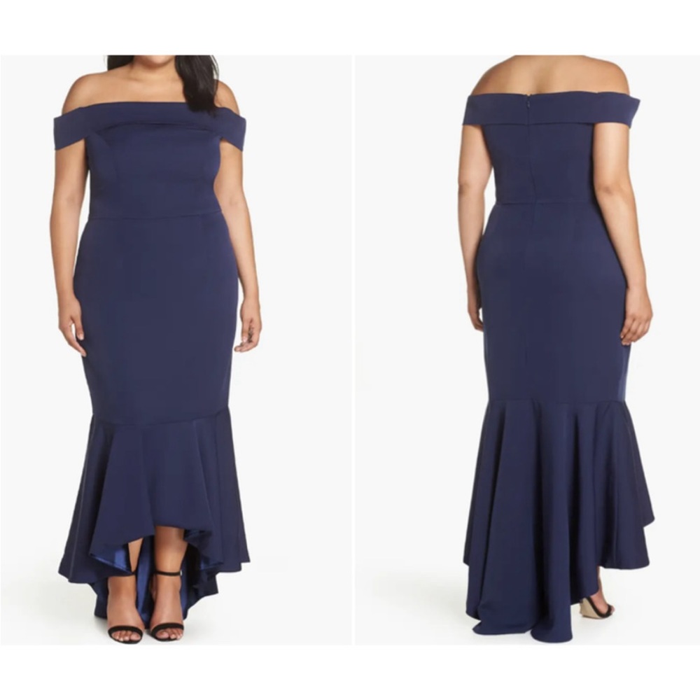 Chi Chi London Curve Roz Chicago Bardot Maxi Dress in Navy Size 14